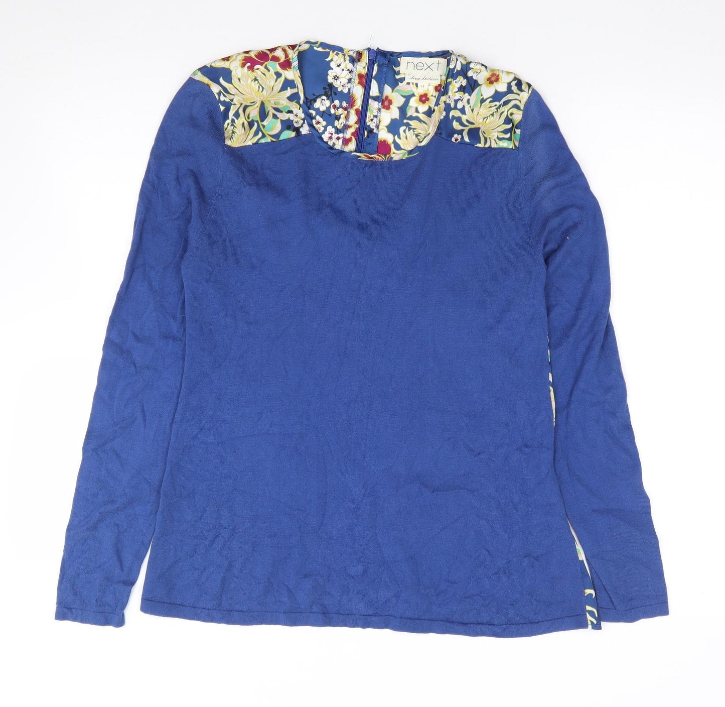 NEXT Womens Blue Floral Cotton Jersey Blouse Size 14 Roll Neck