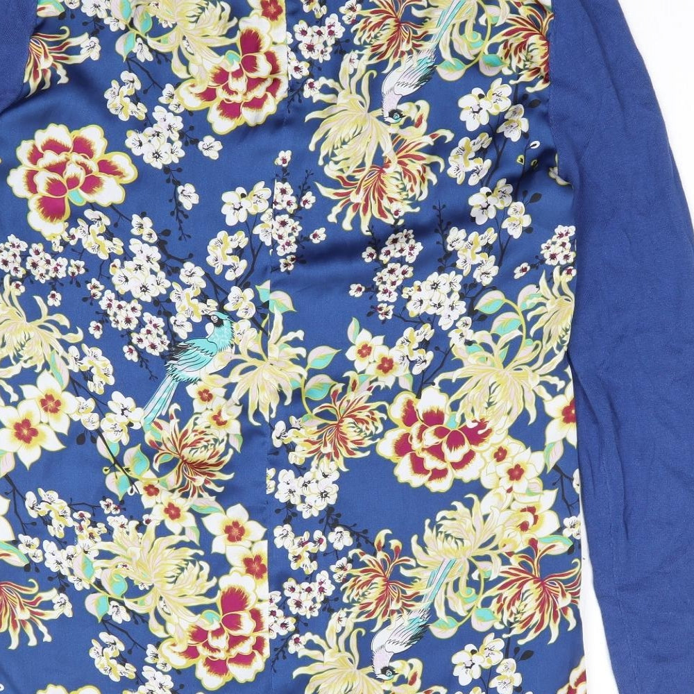 NEXT Womens Blue Floral Cotton Jersey Blouse Size 14 Roll Neck