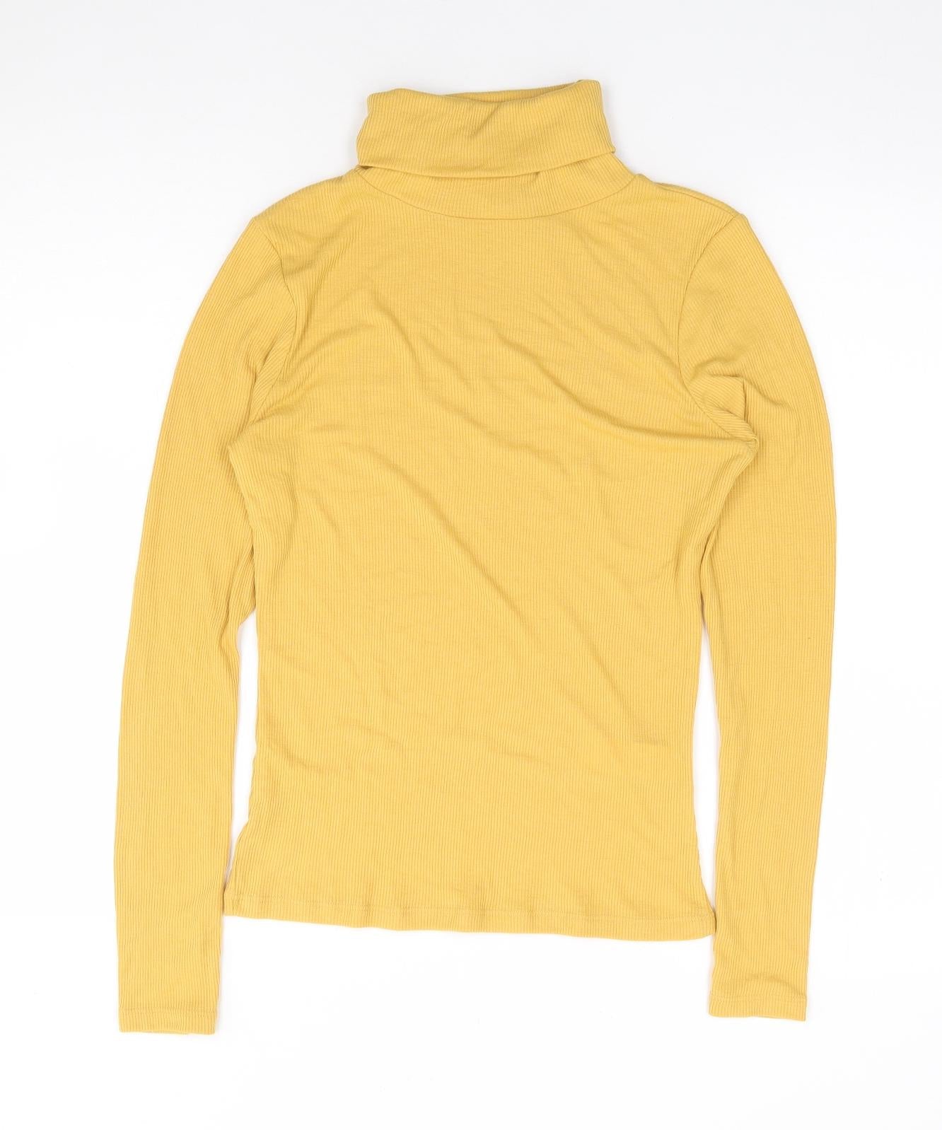 New Look  Womens Yellow  Polyester Jersey T-Shirt Size 10 Roll Neck - Ribbed