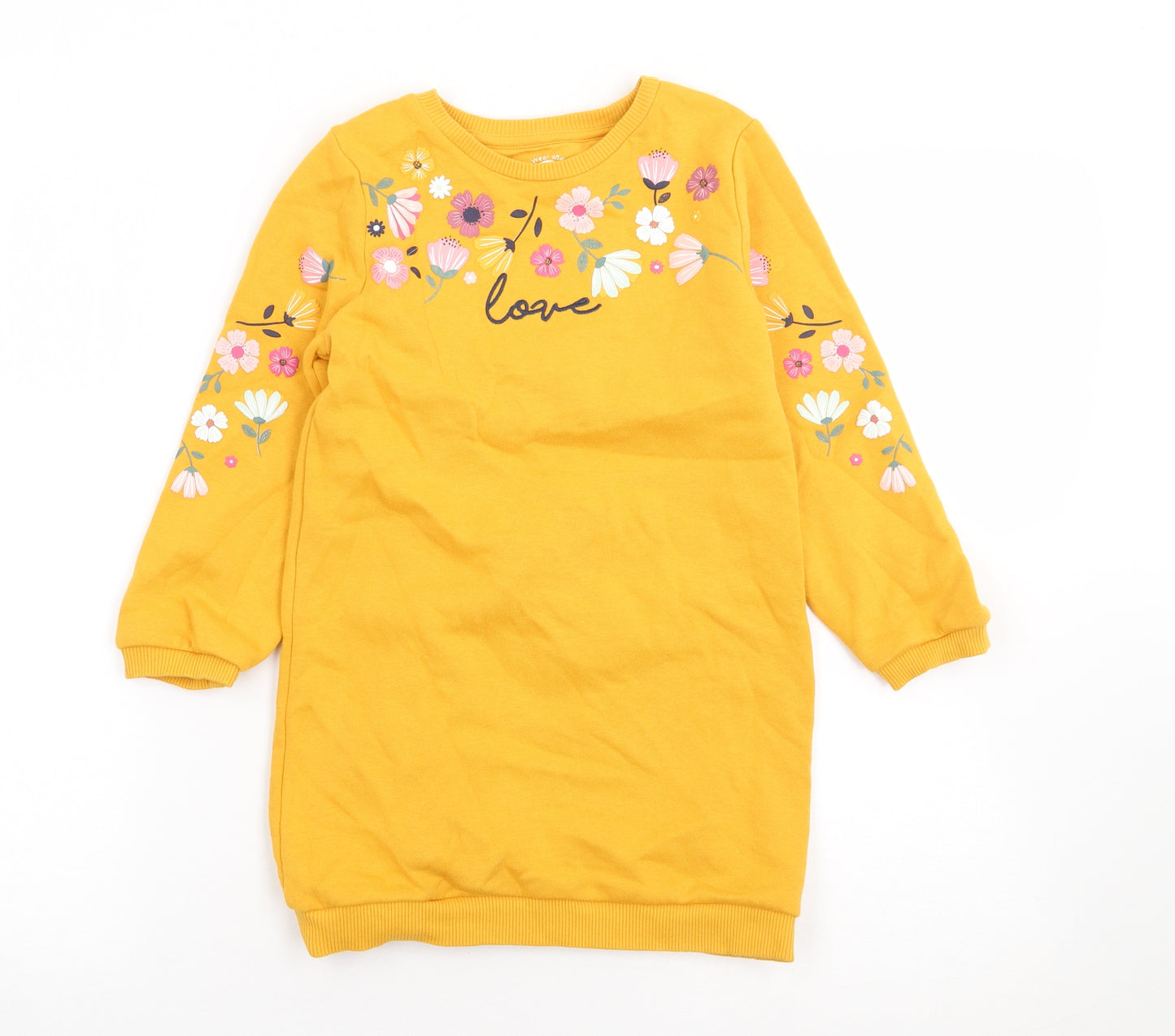 F&F Girls Yellow Floral Cotton Jumper Dress  Size 5-6 Years  Crew Neck Pullover