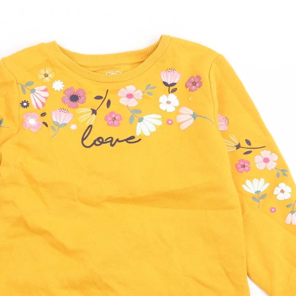 F&F Girls Yellow Floral Cotton Jumper Dress  Size 5-6 Years  Crew Neck Pullover