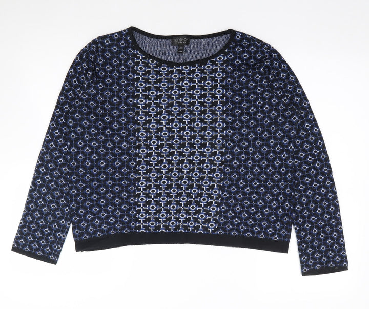 Topshop Womens Blue Round Neck Geometric Acrylic Pullover Jumper Size 10