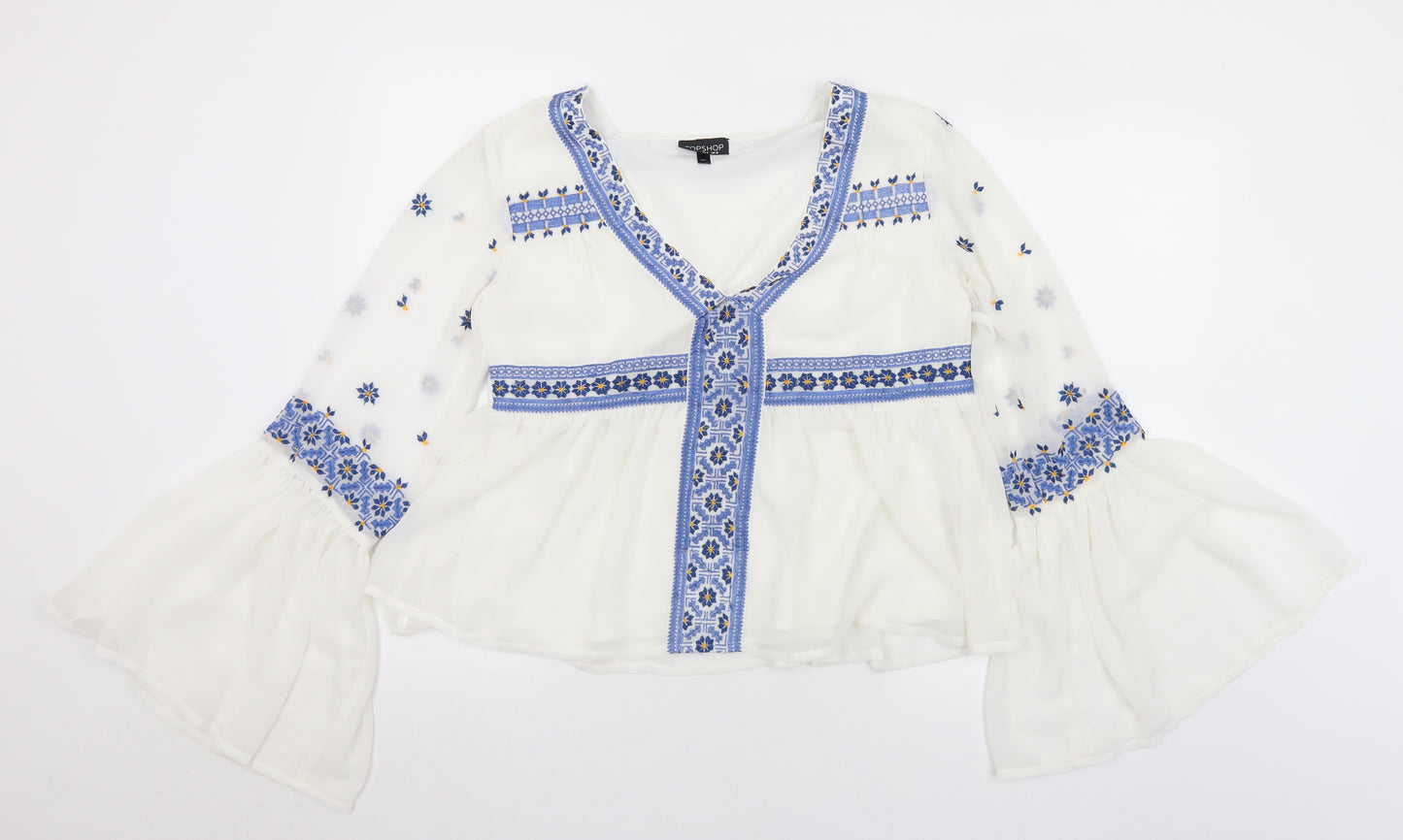 Topshop Womens White Geometric Polyester Basic Blouse Size 12 V-Neck