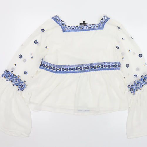 Topshop Womens White Geometric Polyester Basic Blouse Size 12 V-Neck