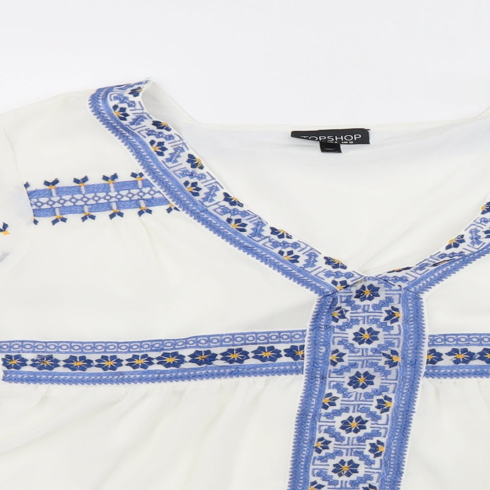 Topshop Womens White Geometric Polyester Basic Blouse Size 12 V-Neck