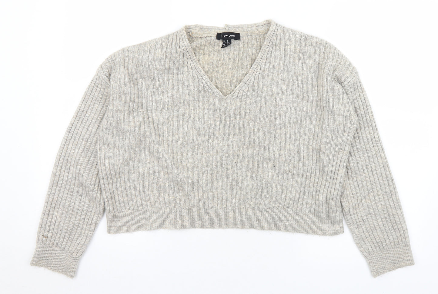 New Look Womens Grey V-Neck  Acrylic Pullover Jumper Size S