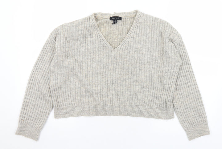 New Look Womens Grey V-Neck  Acrylic Pullover Jumper Size S