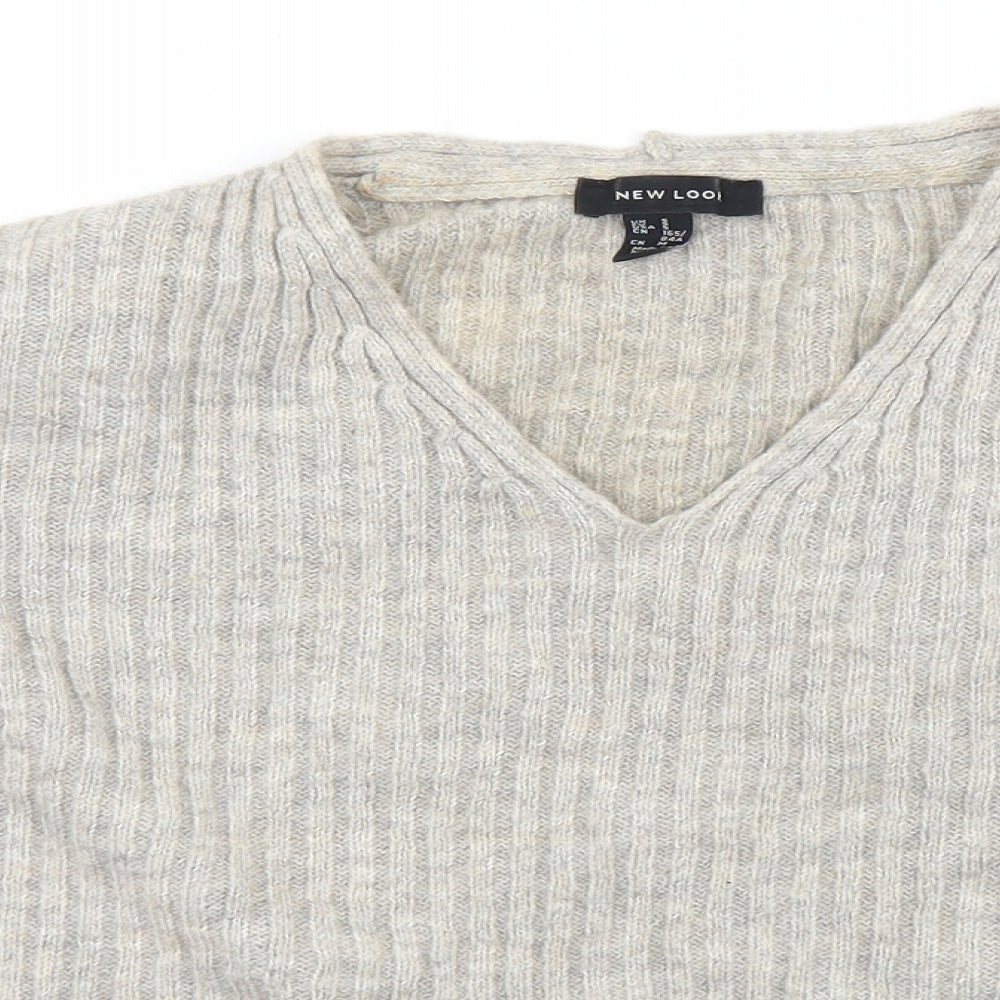 New Look Womens Grey V-Neck  Acrylic Pullover Jumper Size S