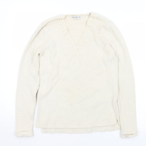 Gallery Womens Ivory V-Neck  Cotton Pullover Jumper Size S