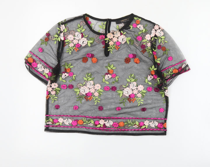 FOREVER 21 Womens Black Floral Polyester Cropped Blouse Size S Round Neck