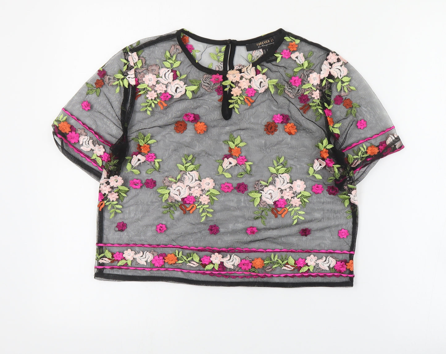 FOREVER 21 Womens Black Floral Polyester Cropped Blouse Size S Round Neck