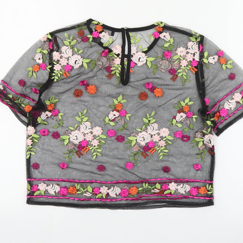 FOREVER 21 Womens Black Floral Polyester Cropped Blouse Size S Round Neck
