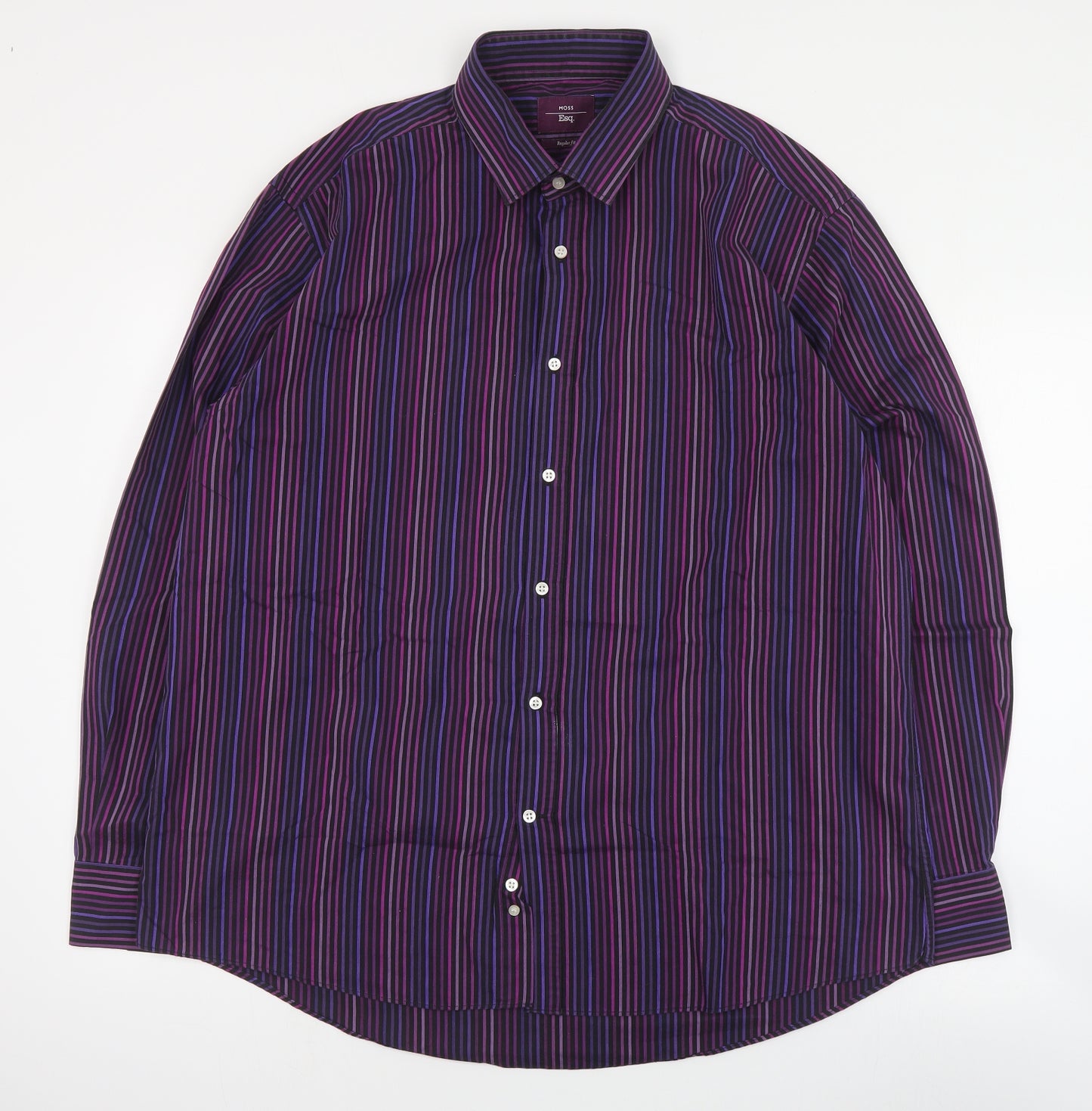 Moss Mens Purple Striped Cotton  Dress Shirt Size 17.5 Collared Button