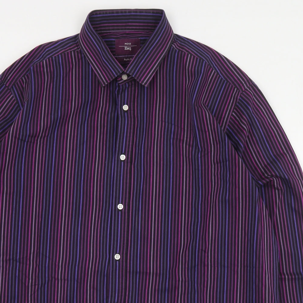 Moss Mens Purple Striped Cotton  Dress Shirt Size 17.5 Collared Button