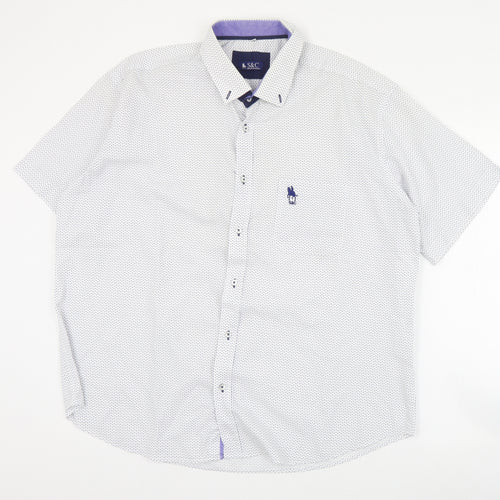 S&C Mens White Geometric Polyester  Button-Up Size L Collared Button