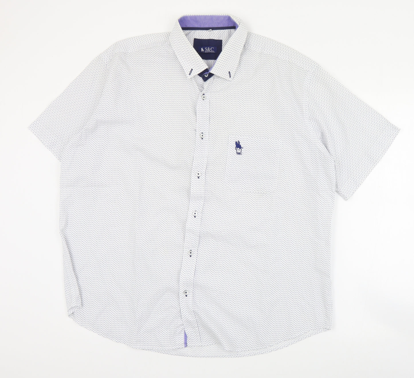 S&C Mens White Geometric Polyester  Button-Up Size L Collared Button
