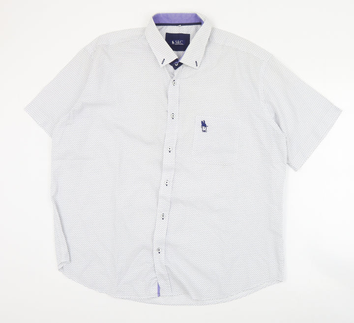 S&C Mens White Geometric Polyester  Button-Up Size L Collared Button