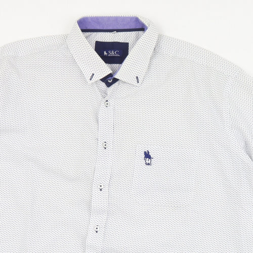 S&C Mens White Geometric Polyester  Button-Up Size L Collared Button
