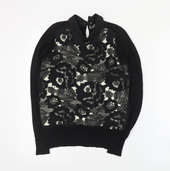 Oasis Womens Black Collared  Cotton Pullover Jumper Size XS