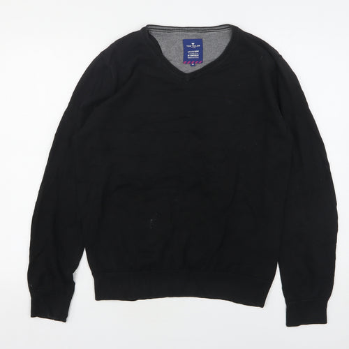 Tom Tailor  Mens Black V-Neck  Cotton Pullover Jumper Size M