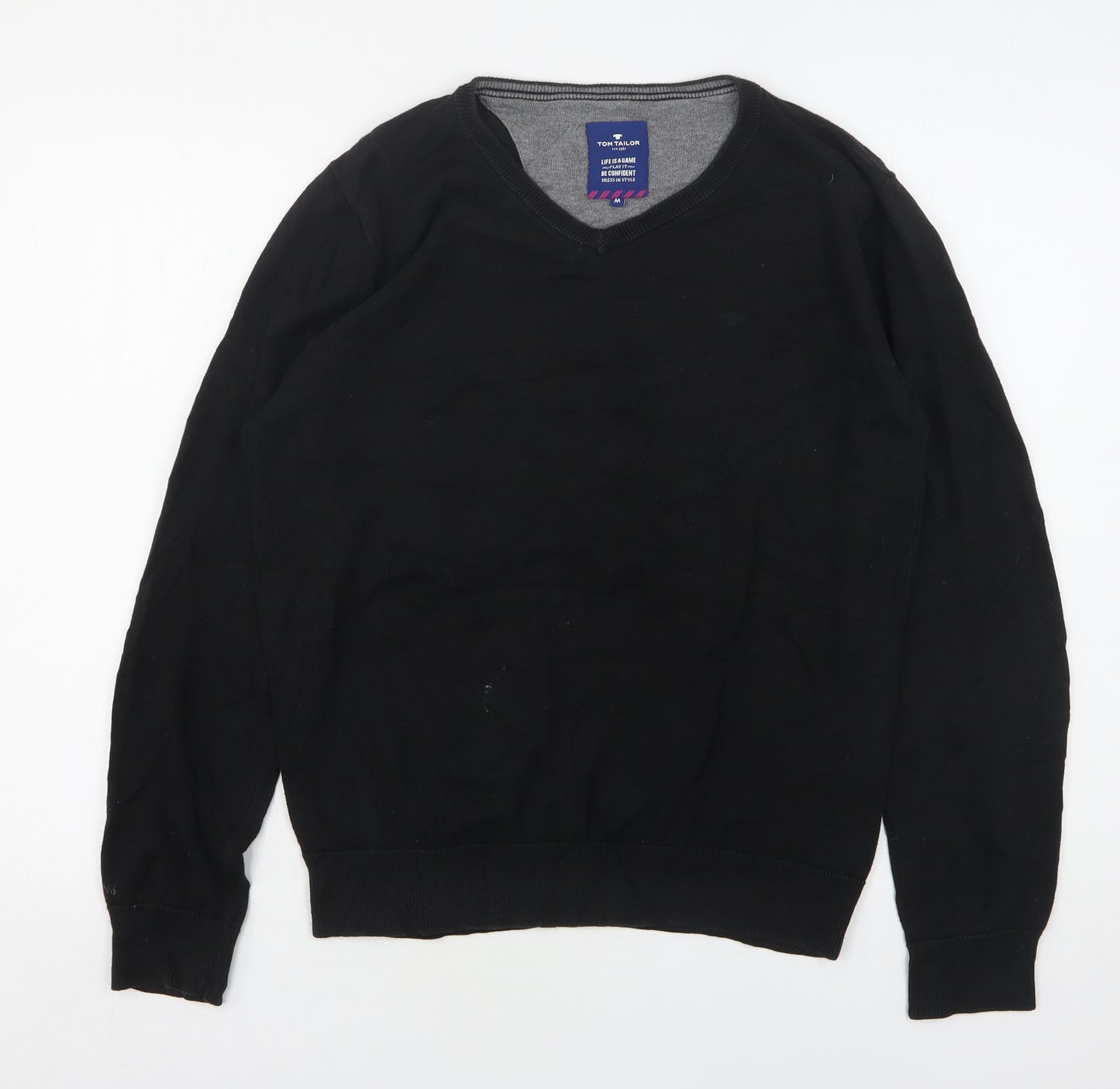 Tom Tailor  Mens Black V-Neck  Cotton Pullover Jumper Size M