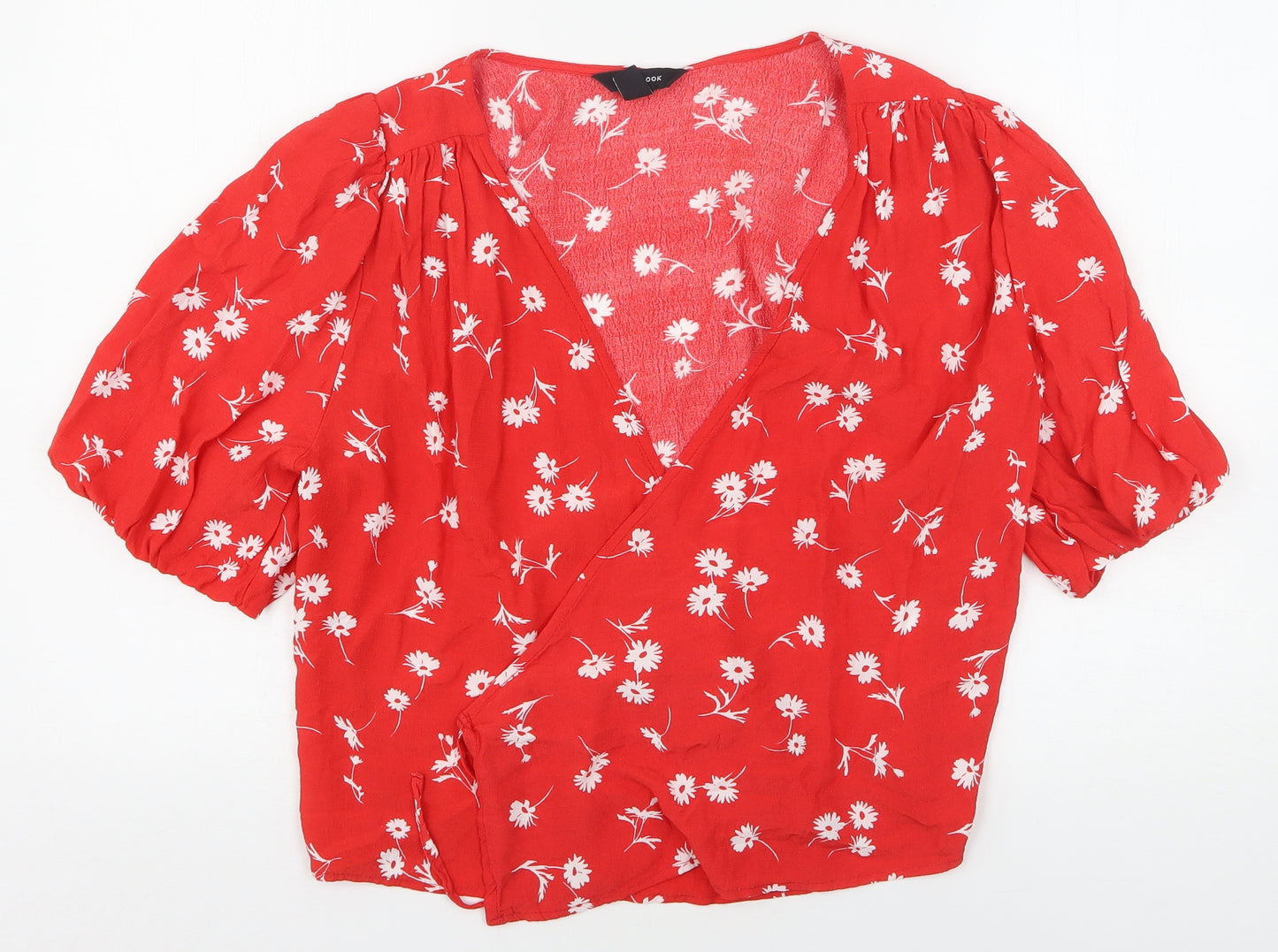 New Look Womens Red Floral Viscose Basic Blouse Size 12 V-Neck
