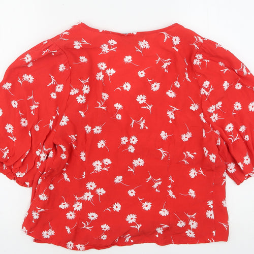 New Look Womens Red Floral Viscose Basic Blouse Size 12 V-Neck