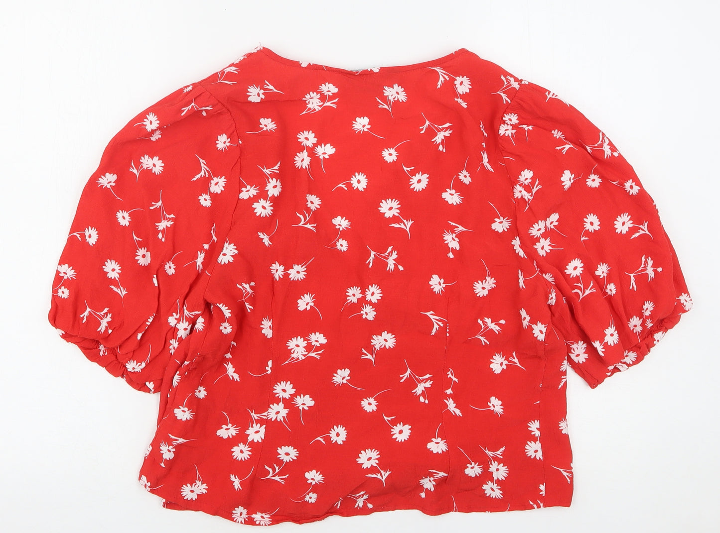 New Look Womens Red Floral Viscose Basic Blouse Size 12 V-Neck