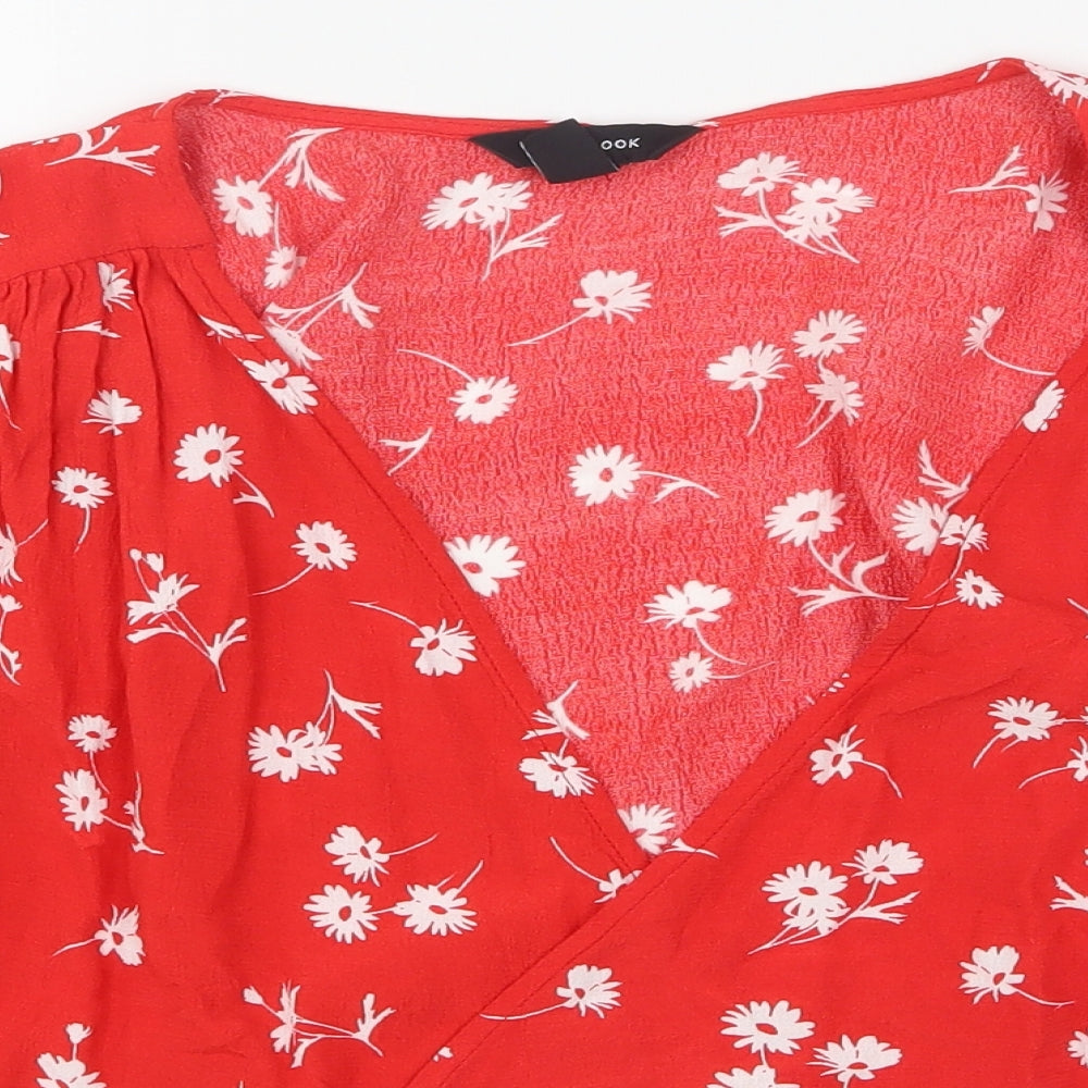 New Look Womens Red Floral Viscose Basic Blouse Size 12 V-Neck
