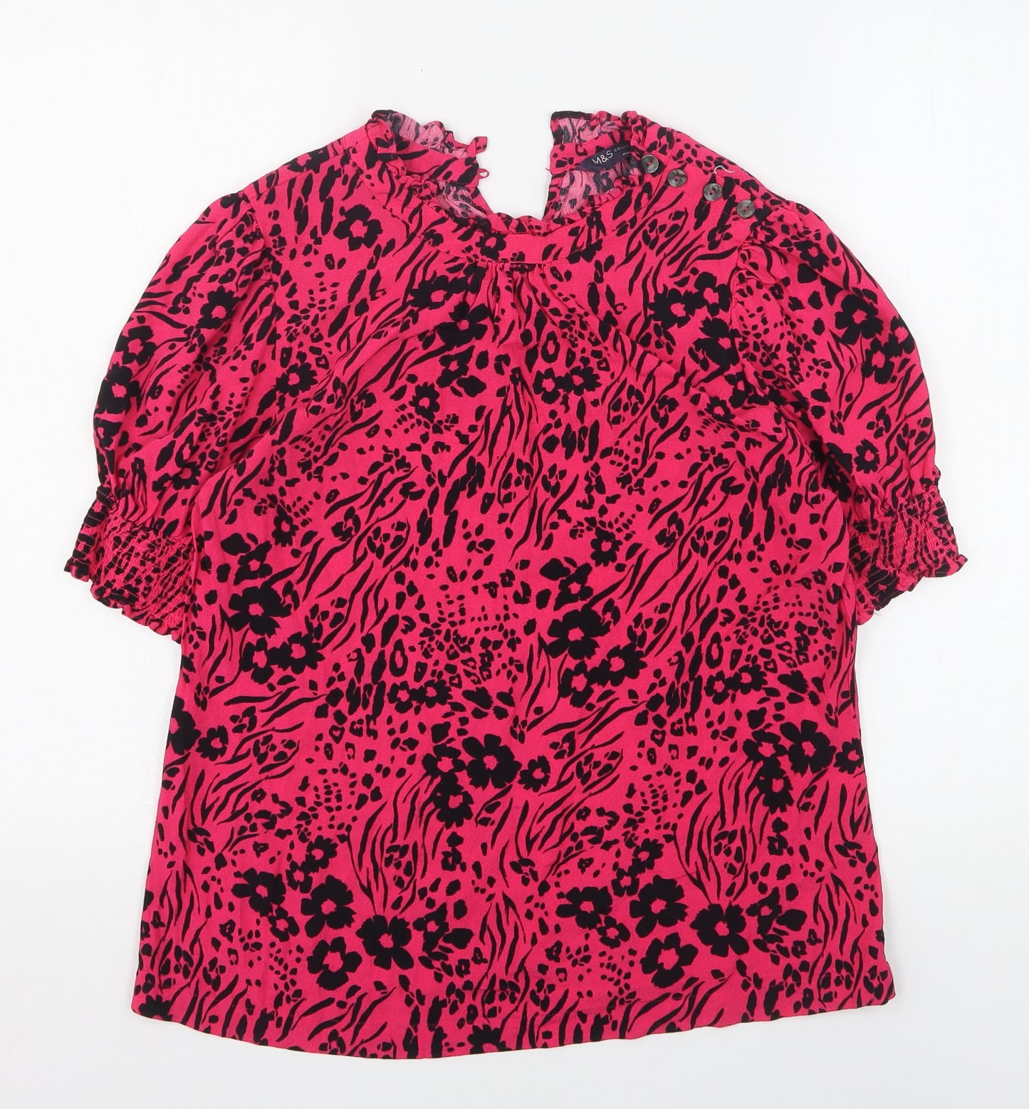Marks and Spencer Womens Pink Animal Print Viscose Basic Blouse Size 8 Round Neck