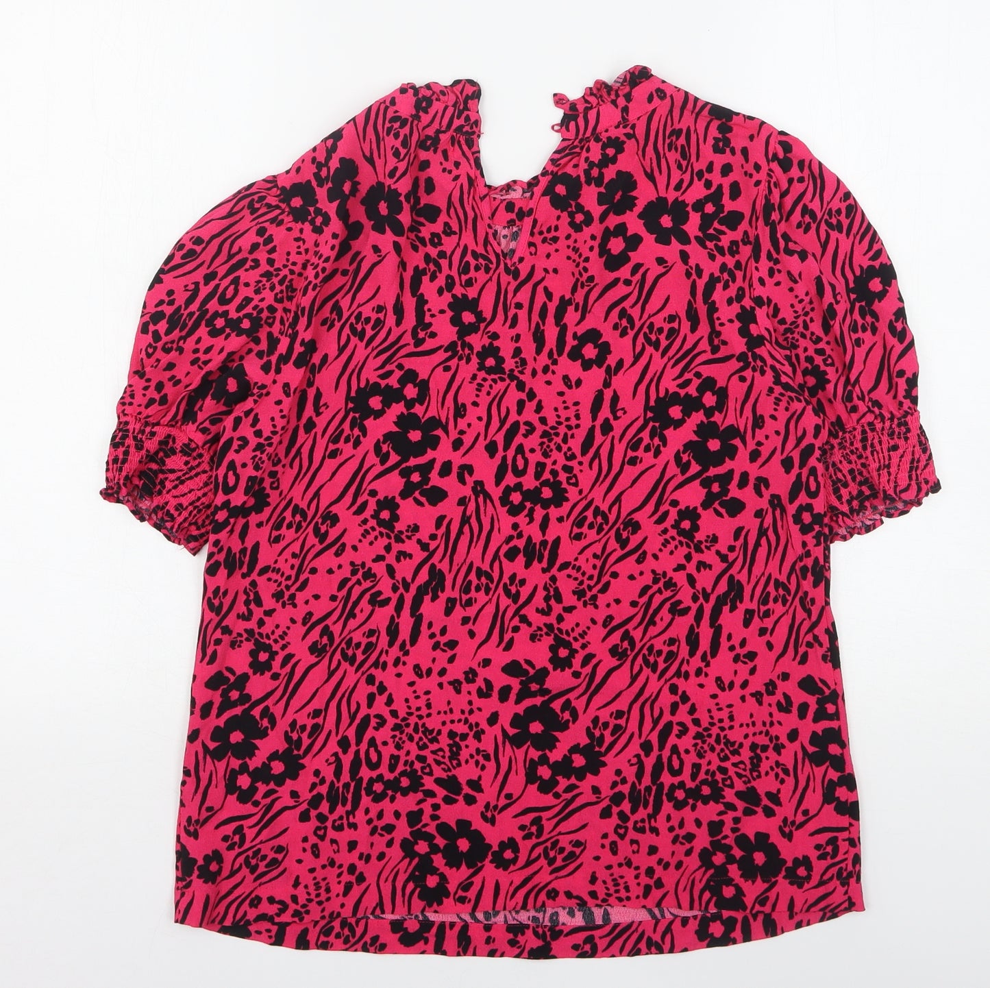 Marks and Spencer Womens Pink Animal Print Viscose Basic Blouse Size 8 Round Neck