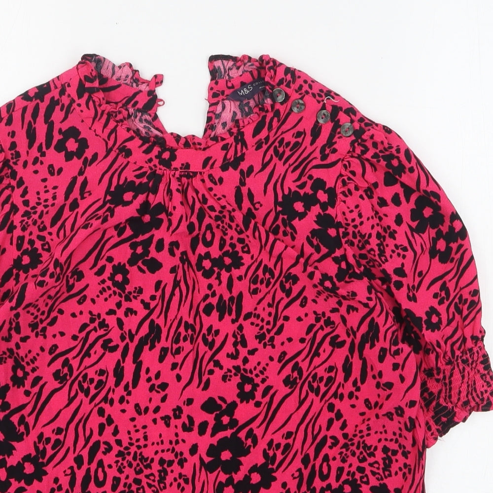 Marks and Spencer Womens Pink Animal Print Viscose Basic Blouse Size 8 Round Neck