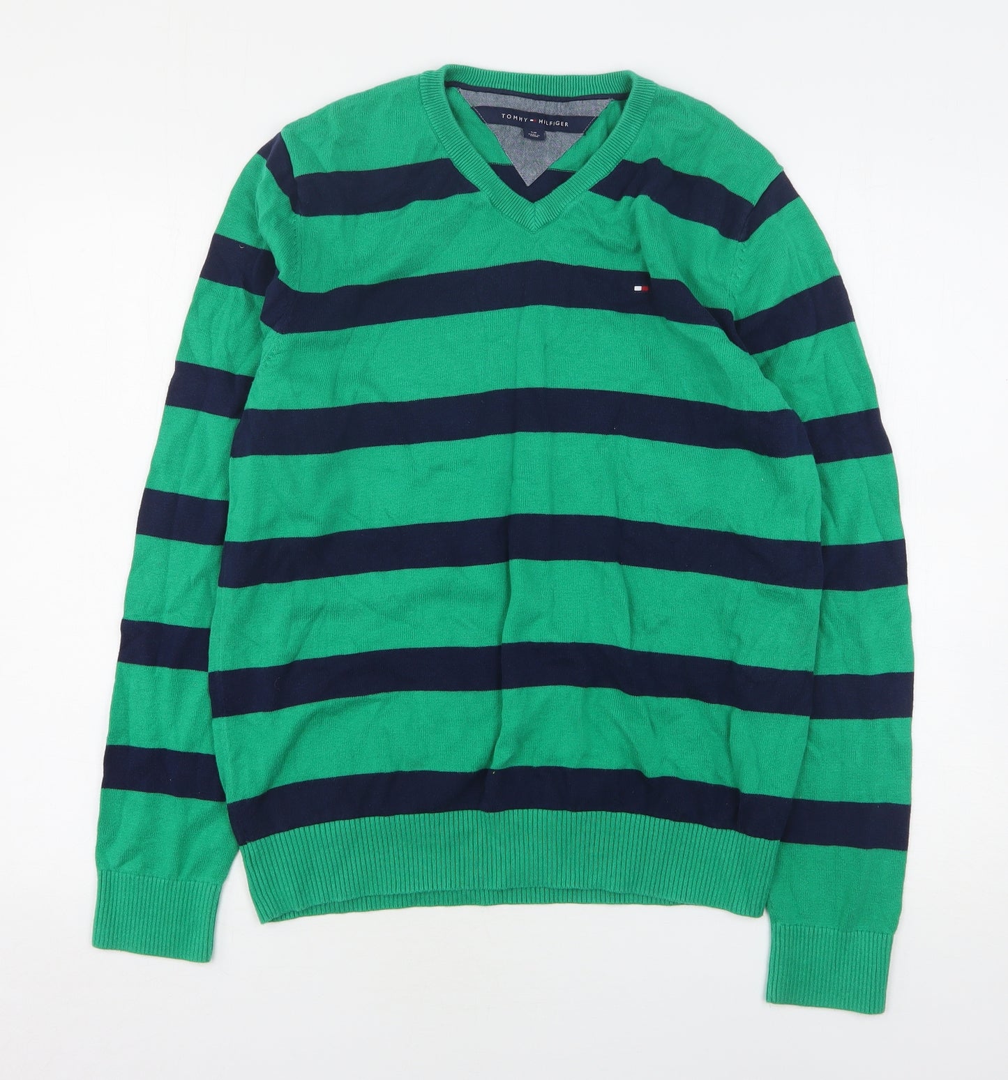 Tommy Hilfiger Mens Green V-Neck Striped Cotton Pullover Jumper Size S