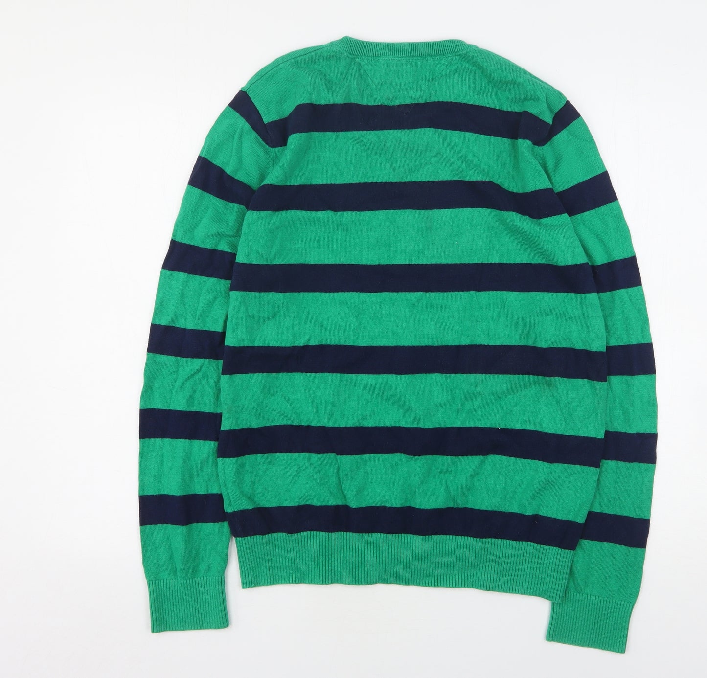 Tommy Hilfiger Mens Green V-Neck Striped Cotton Pullover Jumper Size S
