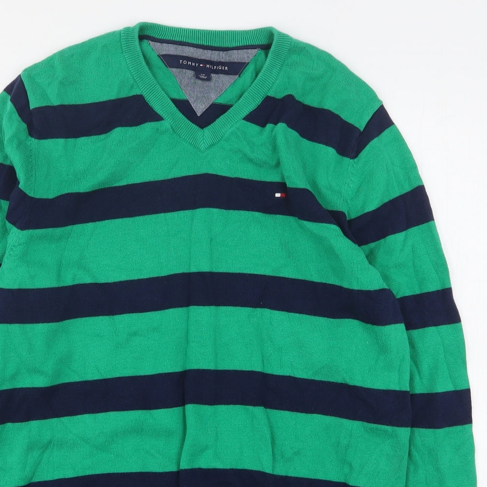 Tommy Hilfiger Mens Green V-Neck Striped Cotton Pullover Jumper Size S