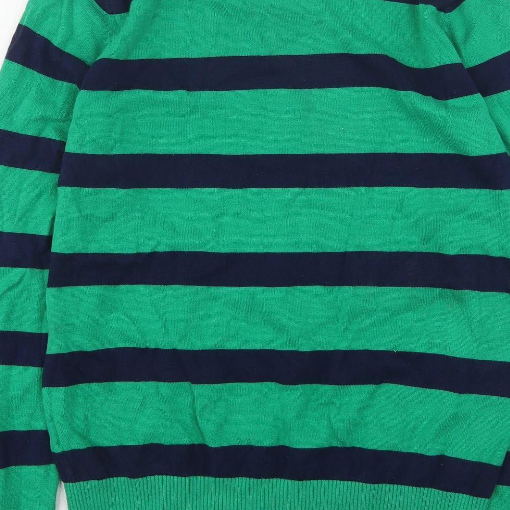 Tommy Hilfiger Mens Green V-Neck Striped Cotton Pullover Jumper Size S