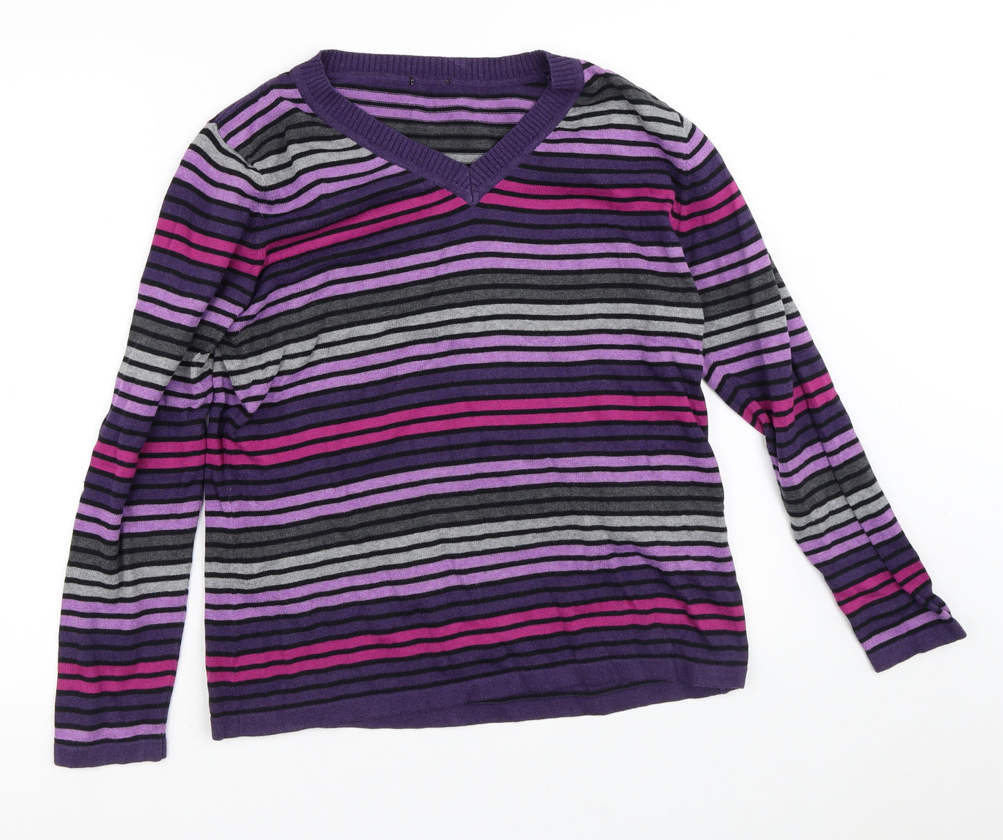 Preworn Womens Purple V-Neck Striped Cotton Pullover Jumper Size XL