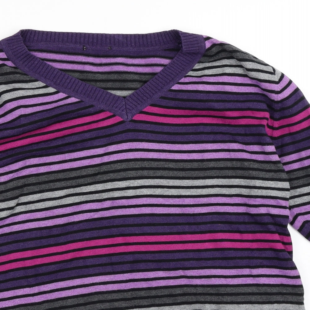 Preworn Womens Purple V-Neck Striped Cotton Pullover Jumper Size XL