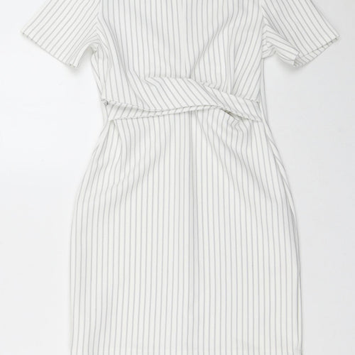 Miss Selfridge Womens White Striped Polyester Pencil Dress  Size 6  Crew Neck