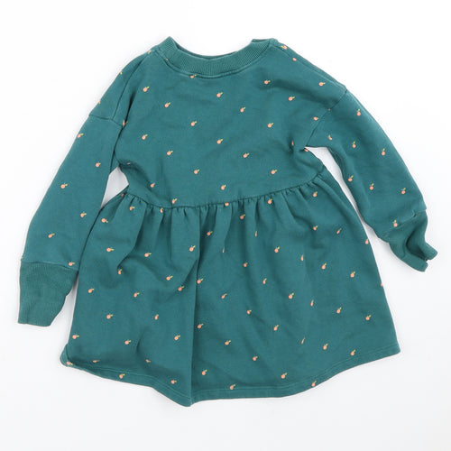 NEXT Girls Green Geometric Cotton Jumper Dress  Size 3-4 Years  Crew Neck  - Fruit