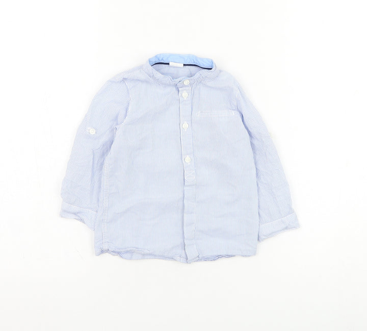 H&M Boys Blue Striped Polyester Basic Button-Up Size 12 Months Round Neck Button