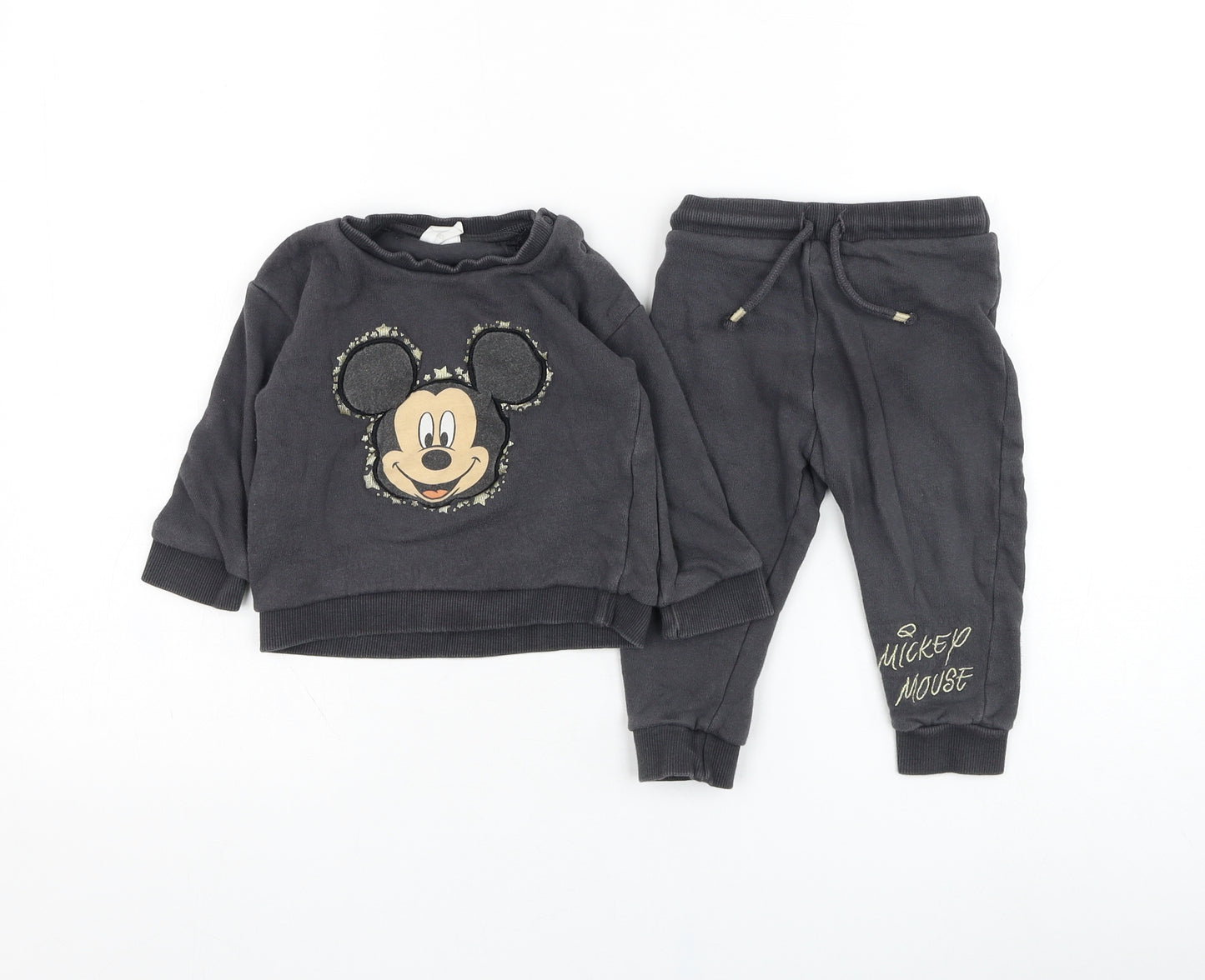 F&F Boys Grey  Cotton Trousers Outfit/Set Size 12-18 Months  Pullover - Mickey Mouse