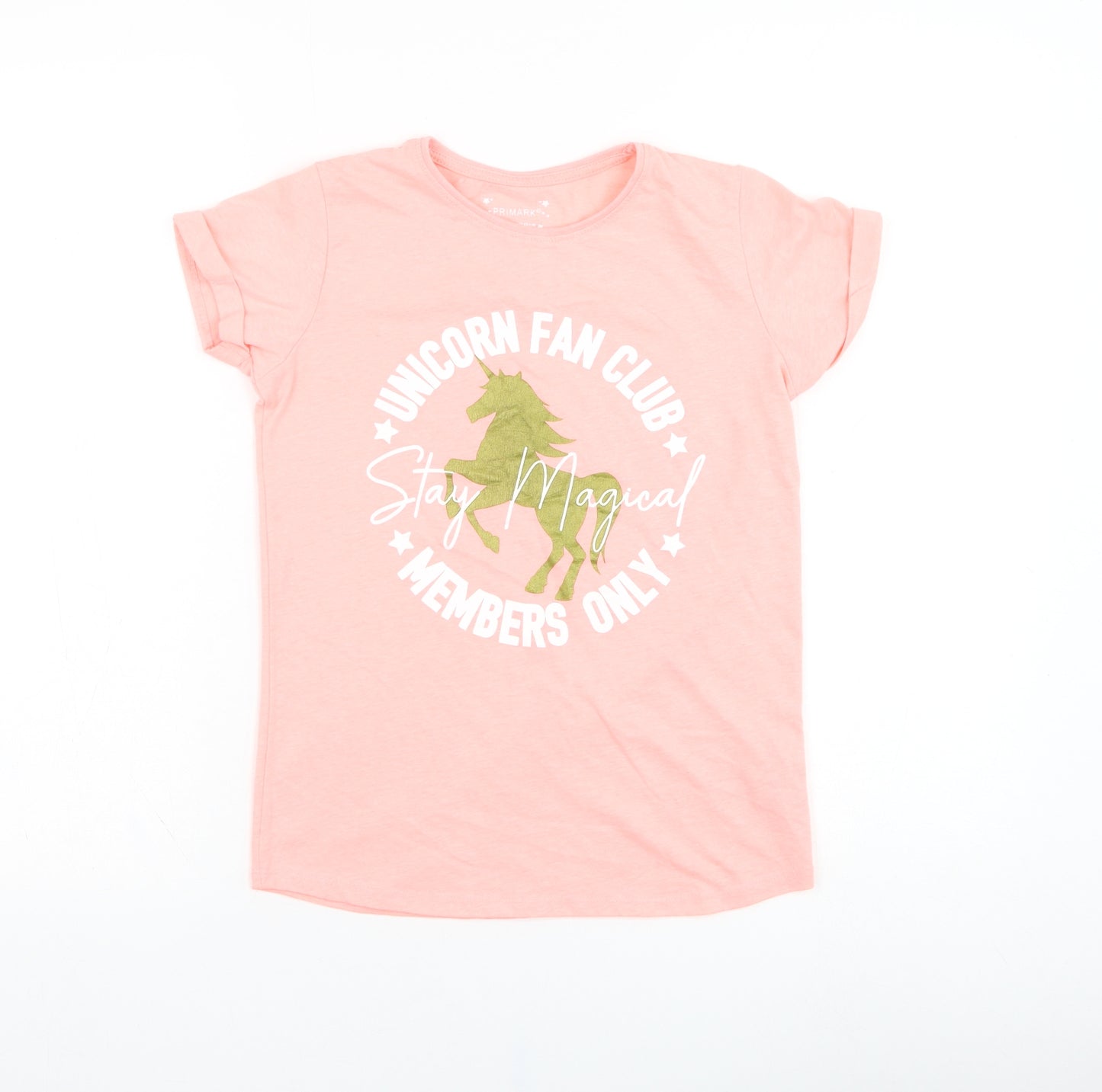 Primark Girls Pink  Polyester Basic T-Shirt Size 10-11 Years Round Neck Pullover - Unicorn