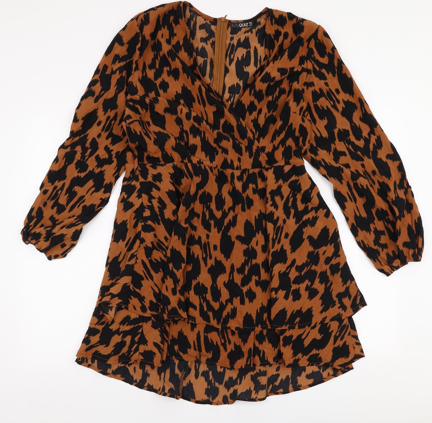 Quiz Womens Brown Animal Print Polyester Trapeze & Swing  Size 18  V-Neck Zip