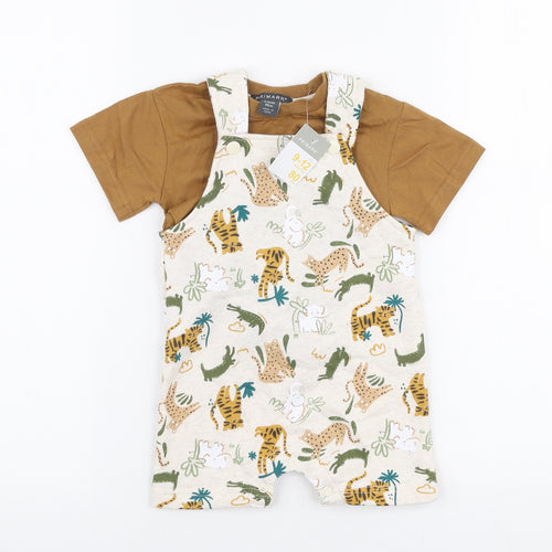 Primark Boys Multicoloured Animal Print Cotton Dungaree One-Piece Size 9-12 Months  Snap