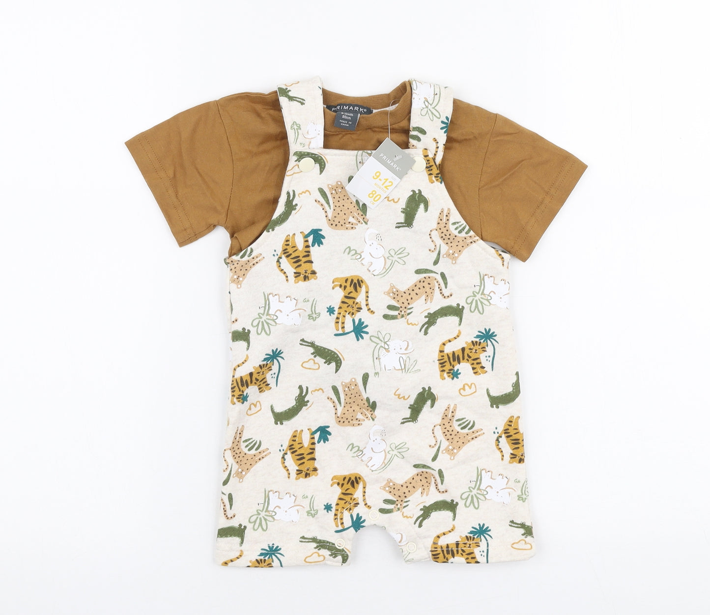 Primark Boys Multicoloured Animal Print Cotton Dungaree One-Piece Size 9-12 Months  Snap