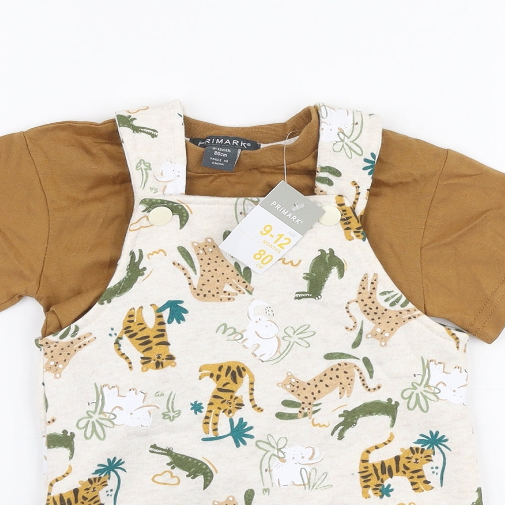 Primark Boys Multicoloured Animal Print Cotton Dungaree One-Piece Size 9-12 Months  Snap