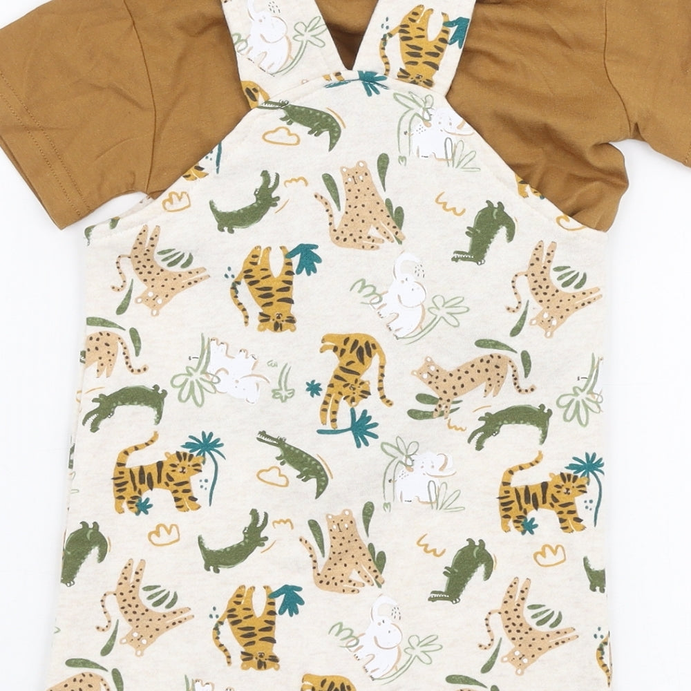 Primark Boys Multicoloured Animal Print Cotton Dungaree One-Piece Size 9-12 Months  Snap