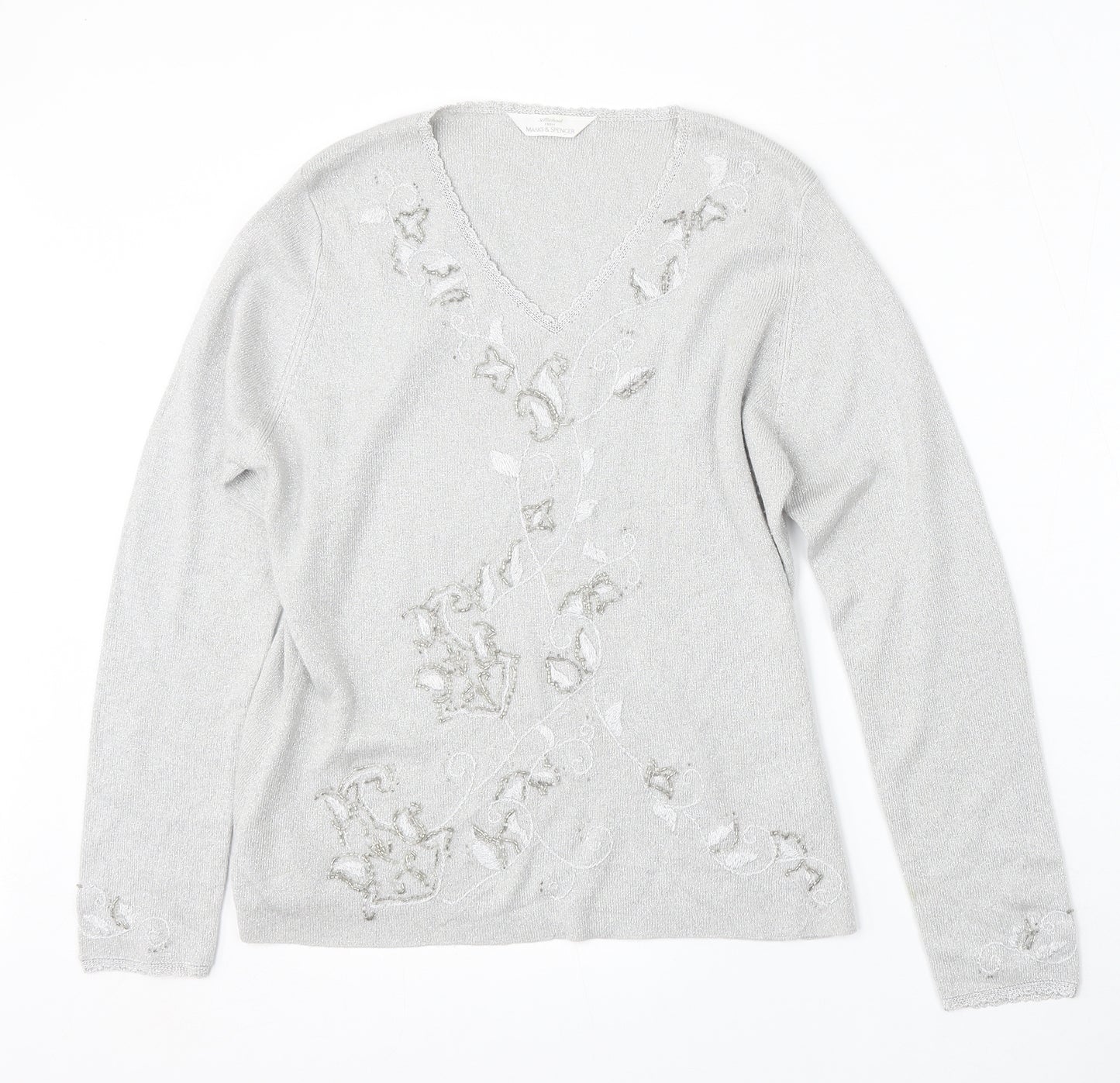 St Michael Womens Silver V-Neck  Polyester Pullover Jumper Size M