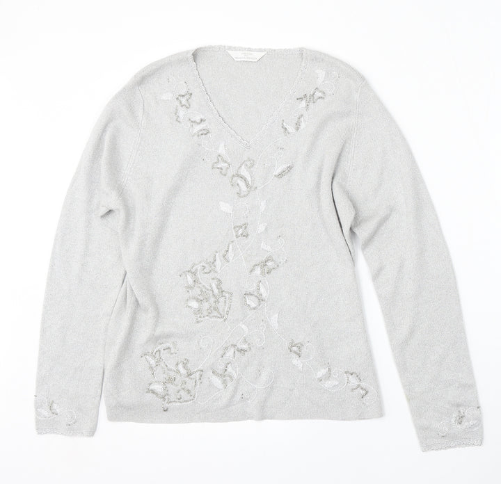 St Michael Womens Silver V-Neck  Polyester Pullover Jumper Size M